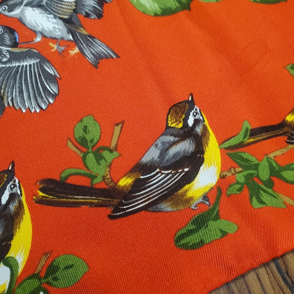 100% Silk Bird Print Scarf. 34" x 34". Orangish Red w/ Multicolor Birds - Picture 7 of 13